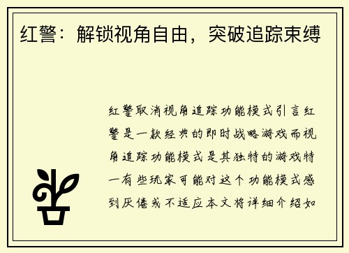 红警：解锁视角自由，突破追踪束缚